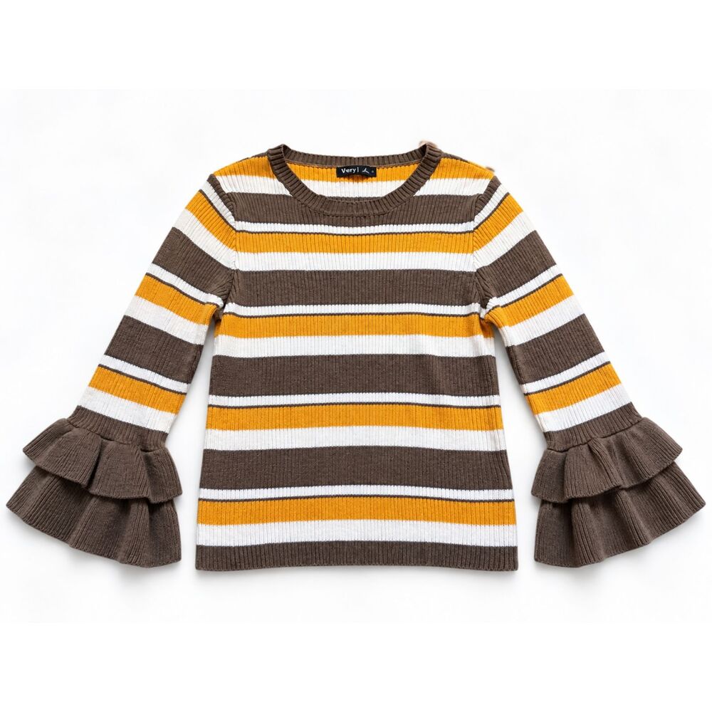Very J Women's Small Striped Sweater Ruffle Bell Sleeve Brown Mustard White